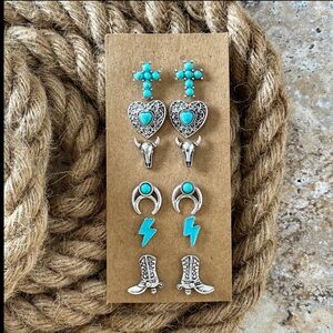 6 pair Silver Country Western Turquoise Earrings